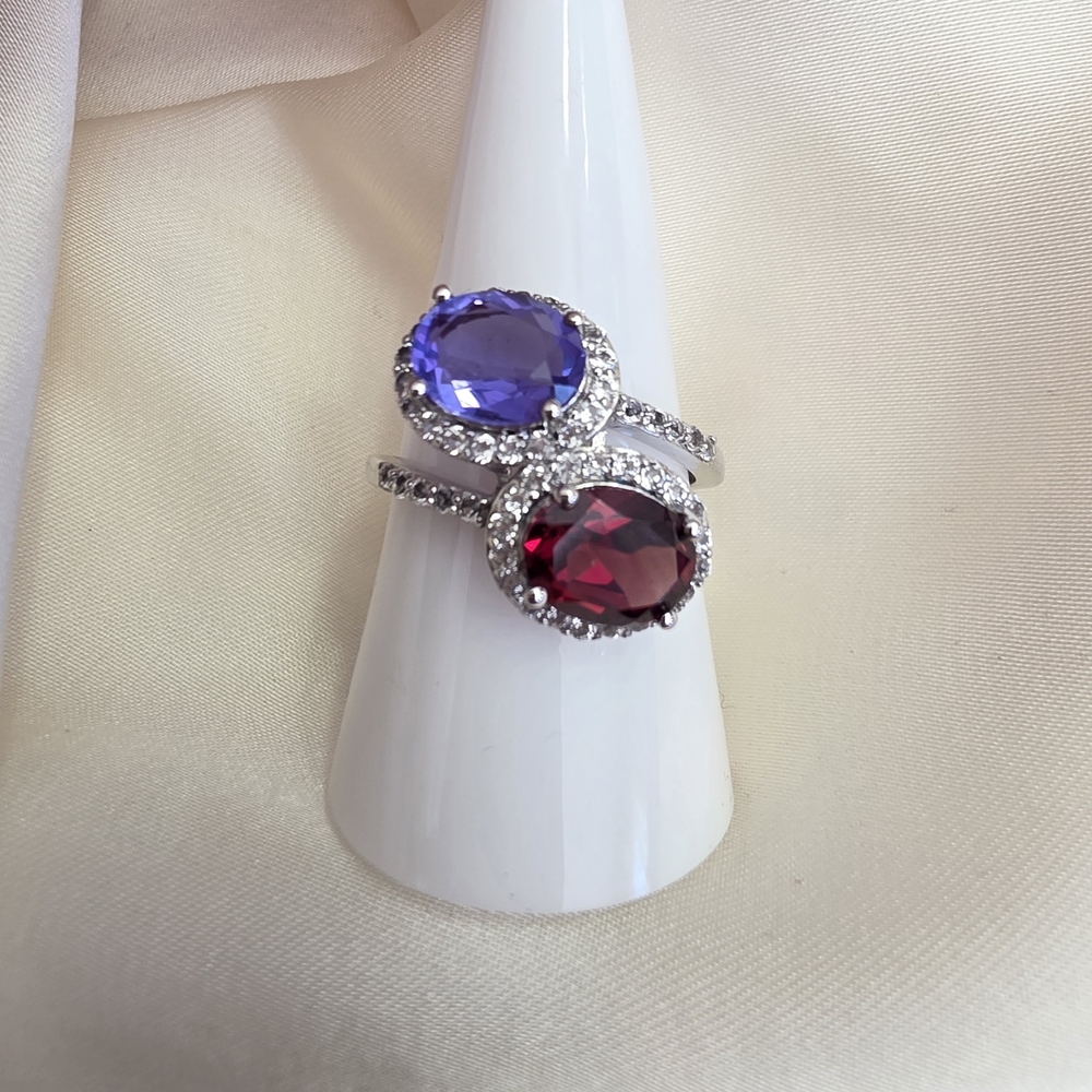 Flourite, Indian Garnet, White Topaz Sterling Silver Bypass Ring Size 9